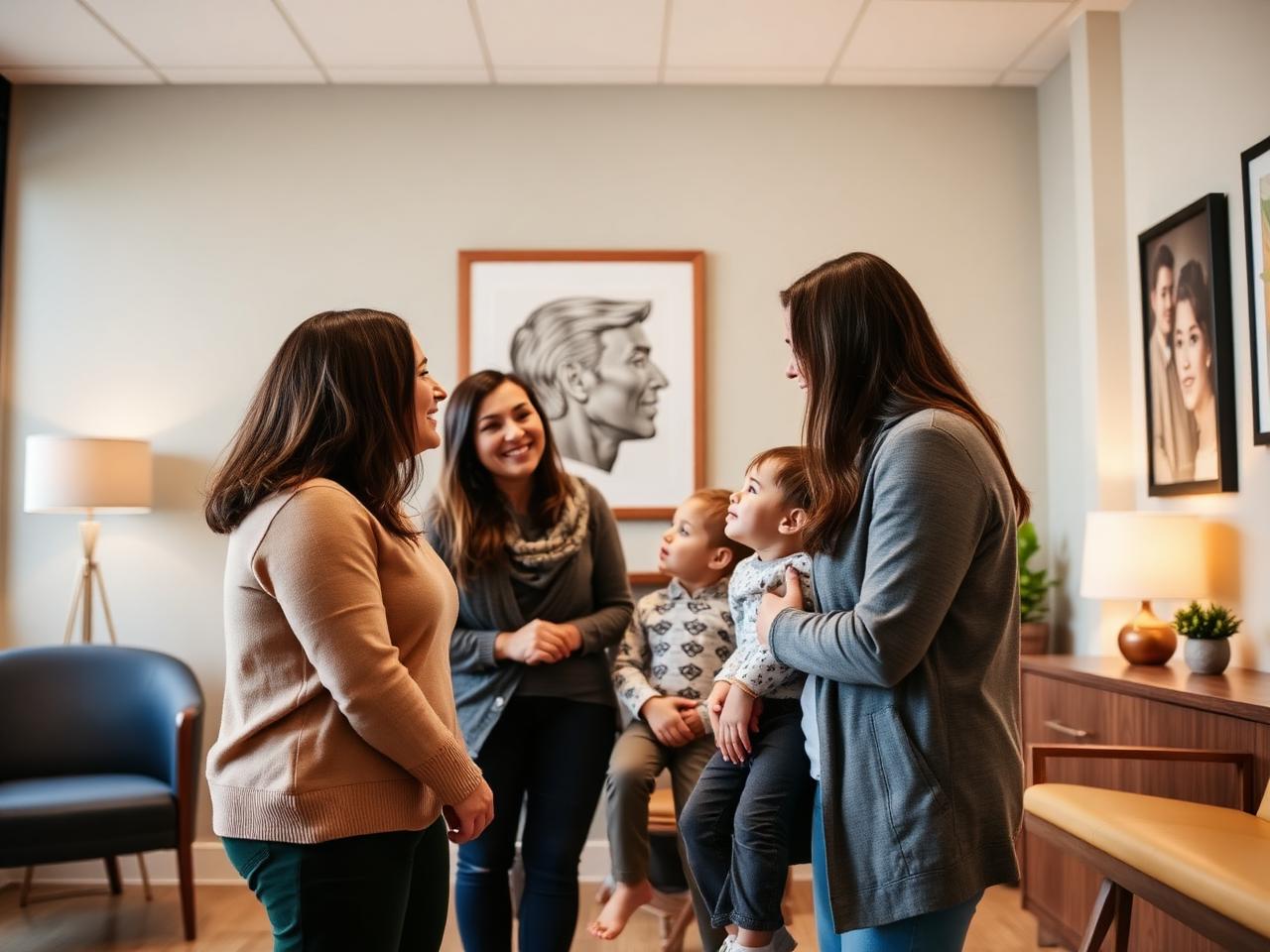 A chiropractor speaking warmly with a family inside a clinic